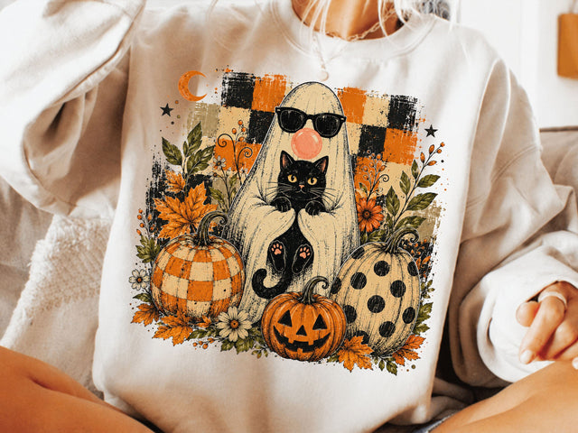 Halloween Ghost Cat PNG, Cute Ghost Holding Black Cat, Spooky Season PNG, Halloween Sublimation Design, Pumpkin Ghost Shirt PNG SVG DesignDestine 