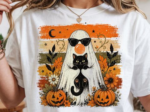 Halloween Ghost Cat PNG, Cute Ghost Holding Black Cat, Spooky Season PNG, Halloween Sublimation Design, Pumpkin Ghost Shirt PNG SVG DesignDestine 