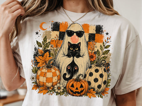 Halloween Ghost Cat PNG, Cute Ghost Holding Black Cat, Spooky Season PNG, Halloween Sublimation Design, Pumpkin Ghost Shirt PNG SVG DesignDestine 