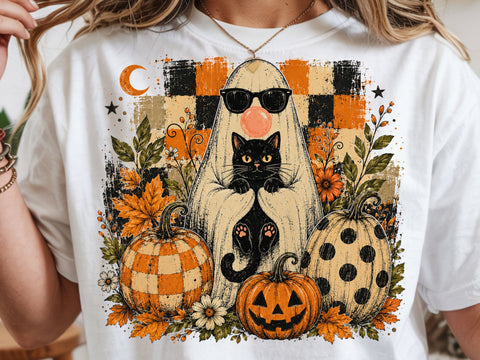 Halloween Ghost Cat PNG, Cute Ghost Holding Black Cat, Spooky Season PNG, Halloween Sublimation Design, Pumpkin Ghost Shirt PNG SVG DesignDestine 