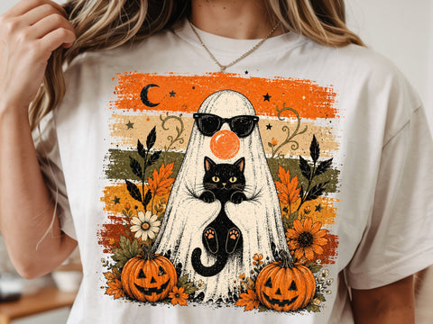 Halloween Ghost Cat PNG, Cute Ghost Holding Black Cat, Spooky Season PNG, Halloween Sublimation Design, Pumpkin Ghost Shirt PNG SVG DesignDestine 