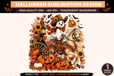 Halloween Ghost Cowboy PNG, Cute Western Ghost Riding Horse with Black Cat, Pumpkin Jack O Lanterns and Sunflowers, Spooky Fall Sublimation Design Sublimation BlackCatsMedia 