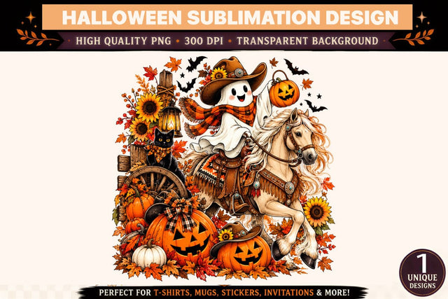 Halloween Ghost Cowboy PNG, Cute Western Ghost Riding Horse with Black Cat, Pumpkin Jack O Lanterns and Sunflowers, Spooky Fall Sublimation Design Sublimation BlackCatsMedia 