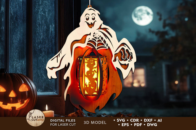 Halloween Ghost decorative Lantern, Laser Cut Template SVG LaserCutano 