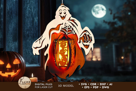 Halloween Ghost decorative Lantern, Laser Cut Template SVG LaserCutano 