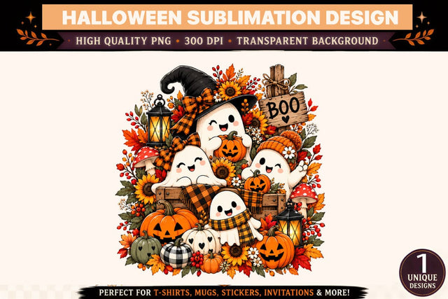 Halloween Ghost Family PNG, Cute Boo Crew Ghosts with Witch Hat, Pumpkin Jack O Lanterns and Buffalo Plaid, Autumn Fall Sublimation Design Sublimation BlackCatsMedia 