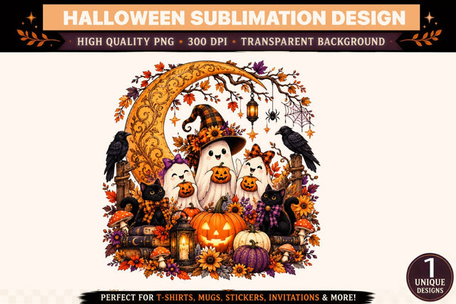 Halloween Ghost Family PNG Sublimation Design, Cute Witch Ghosts with Black Cats and Ravens, Ornate Golden Crescent Moon, Jack O Lantern Pumpkins, Autumn Flowers, Vintage Gothic Halloween Clipart Sublimation BlackCatsMedia 