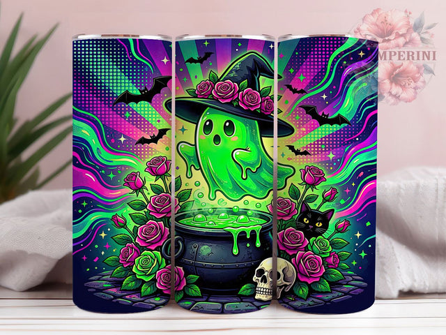 Halloween Ghost Floral Charm 20oz Tumbler, Neon Green Ghost, Witch Hat, Pink Roses, Magenta Roses, Skinny Tumbler, Sublimation PNG Sublimation Li Zamperini 