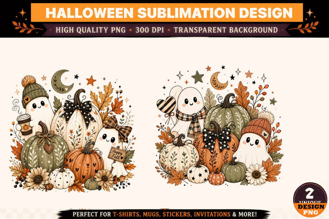 Halloween Ghost PNG, Cute Fall Ghost and Pumpkin Sublimation Design, Spooky Season Clipart, Autumn Moon Stars Bow and Floral Halloween Artwork Sublimation BlackCatsMedia 