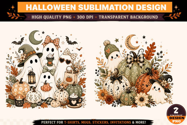 Halloween Ghost PNG, Cute Witch Ghost and Pumpkin Sublimation Design, Spooky Fall Clipart, Moon Bats Bow Autumn Floral Artwork, Boho Halloween PNG Sublimation BlackCatsMedia 