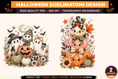 Halloween Ghost PNG, Cute Witch Ghost and Pumpkin Sublimation Design, Spooky Fall Clipart, Moon Bats Bow Autumn Floral Artwork, Boho Halloween PNG Sublimation BlackCatsMedia 