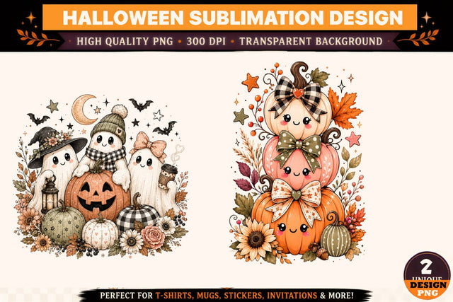 Halloween Ghost PNG, Cute Witch Ghost and Pumpkin Sublimation Design, Spooky Fall Clipart, Moon Bats Bow Autumn Floral Artwork, Boho Halloween PNG Sublimation BlackCatsMedia 
