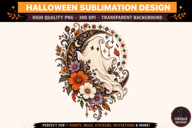 Halloween Ghost PNG, Vintage Floral Ghost Sublimation Design, Gothic Celestial Halloween Clipart, Spooky Autumn T Shirt Graphic Sublimation BlackCatsMedia 