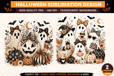 Halloween Ghost Pumpkin PNG, Cute Spooky Ghost Sublimation Design, Black Orange Fall Halloween Clipart, Jack O Lantern, Bats, Bows, Autumn Floral Artwork Sublimation BlackCatsMedia 