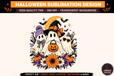 Halloween Ghost Trio PNG, Cute Witch Hat Ghost Sublimation Design, Pumpkin Ghost Clipart, Checkerboard Bow Halloween Graphic, Spooky Season Design Sublimation BlackCatsMedia 