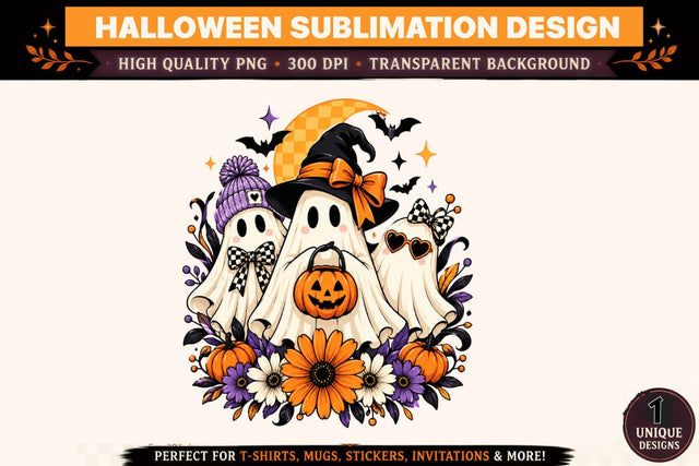 Halloween Ghost Trio PNG, Cute Witch Hat Ghost Sublimation Design, Pumpkin Ghost Clipart, Checkerboard Bow Halloween Graphic, Spooky Season Design Sublimation BlackCatsMedia 