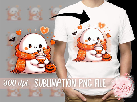 Halloween Ghost with Coffee Digital Sublimation PNG File, Spooky Halloween Sublimation Luvleigh Digitals 