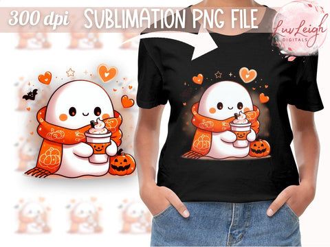 Halloween Ghost with Coffee Digital Sublimation PNG File, Spooky Halloween Sublimation Luvleigh Digitals 