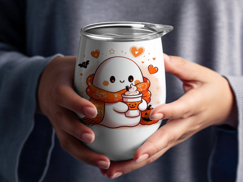 Halloween Ghost with Coffee Digital Sublimation PNG File, Spooky Halloween Sublimation Luvleigh Digitals 