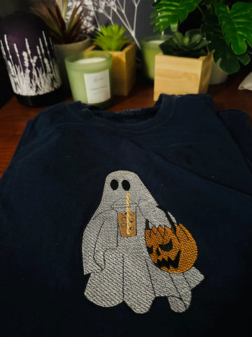 Halloween Ghost with Coffee Embroidery Design , 3 Sizes -File formats in pes,dst,jef,xxx,exp,vip,vp3, coffee, boo sheet, pumpkin, ghost, boo Embroidery/Applique DESIGNS AestheticdesignsE 