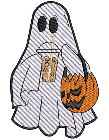 Halloween Ghost with Coffee Embroidery Design , 3 Sizes -File formats in pes,dst,jef,xxx,exp,vip,vp3, coffee, boo sheet, pumpkin, ghost, boo Embroidery/Applique DESIGNS AestheticdesignsE 