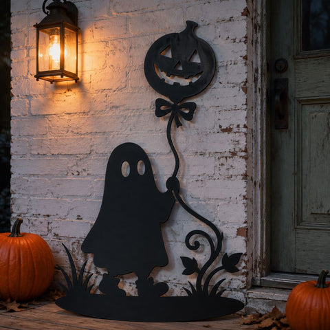 Halloween Ghost With Pumpkin Balloon Laser SVG, DXF, Cute Spooky Metal Art CNC Plasma Cut File, Jack O Lantern Wall Decor SVG HappyDesignStudio 