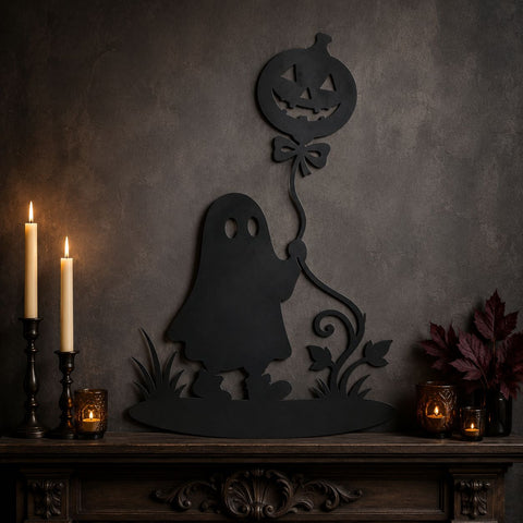 Halloween Ghost With Pumpkin Balloon Laser SVG, DXF, Cute Spooky Metal Art CNC Plasma Cut File, Jack O Lantern Wall Decor SVG HappyDesignStudio 