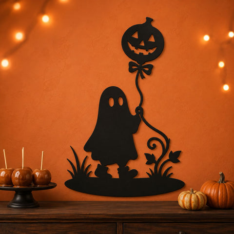 Halloween Ghost With Pumpkin Balloon Laser SVG, DXF, Cute Spooky Metal Art CNC Plasma Cut File, Jack O Lantern Wall Decor SVG HappyDesignStudio 