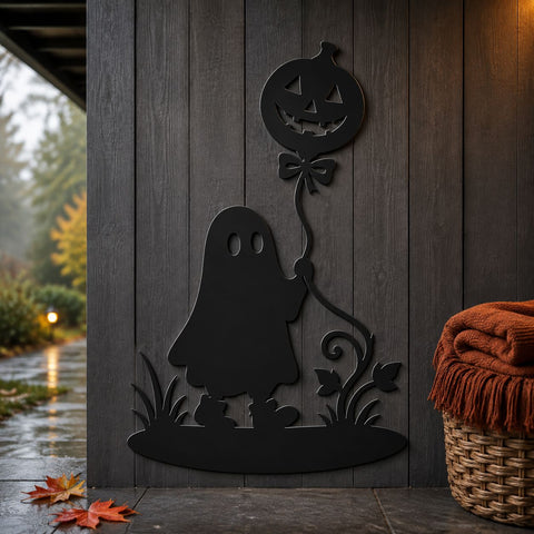 Halloween Ghost With Pumpkin Balloon Laser SVG, DXF, Cute Spooky Metal Art CNC Plasma Cut File, Jack O Lantern Wall Decor SVG HappyDesignStudio 