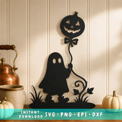 Halloween Ghost With Pumpkin Balloon Laser SVG, DXF, Cute Spooky Metal Art CNC Plasma Cut File, Jack O Lantern Wall Decor SVG HappyDesignStudio 