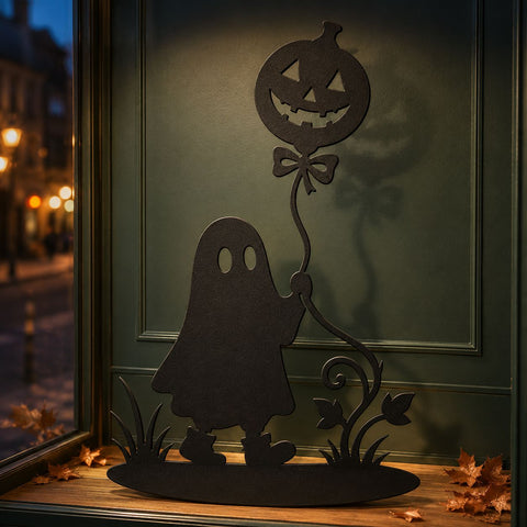 Halloween Ghost With Pumpkin Balloon Laser SVG, DXF, Cute Spooky Metal Art CNC Plasma Cut File, Jack O Lantern Wall Decor SVG HappyDesignStudio 