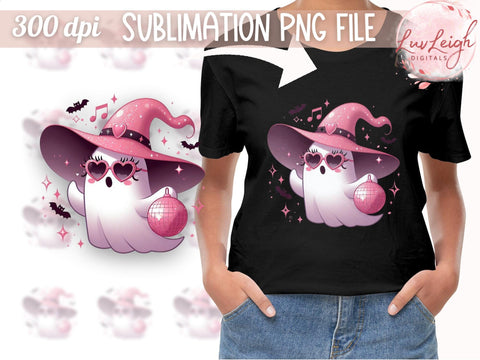 Halloween Ghost with Witch Hat and Disco Ball, Pink Spooky Ghost Sublimation PNG Sublimation Luvleigh Digitals 
