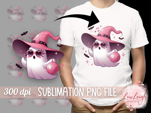 Halloween Ghost with Witch Hat and Disco Ball, Pink Spooky Ghost Sublimation PNG Sublimation Luvleigh Digitals 