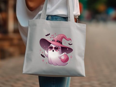 Halloween Ghost with Witch Hat and Disco Ball, Pink Spooky Ghost Sublimation PNG Sublimation Luvleigh Digitals 