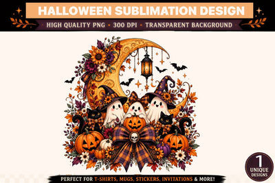 Halloween Ghosts and Black Cats PNG Sublimation Design, Witch Hat Ghost Trio with Ornate Crescent Moon, Skull Plaid Bow, Pumpkins and Autumn Floral Clipart for T Shirts, Mugs and Stickers Sublimation BlackCatsMedia 
