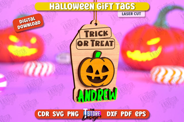 Halloween Gift Tag Laser Cut Design, Name Tag, Halloween Quotes SVG, Present Label, Happy Halloween Ornament, Spooky Designs SVG SVG The T Store Design 