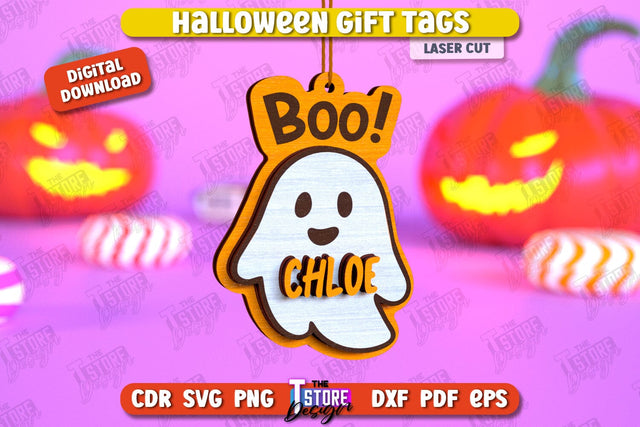 Halloween Gift Tag Laser Cut Design, Name Tag, Halloween Quotes SVG, Present Label, Happy Halloween Ornament, Spooky Designs SVG SVG The T Store Design 