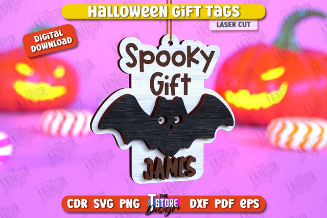 Halloween Gift Tag Laser Cut Design, Name Tag, Halloween Quotes SVG, Present Label, Happy Halloween Ornament, Spooky Designs SVG SVG The T Store Design 