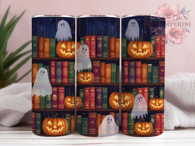 Halloween Gnome Bookshelf 20oz Tumbler, Halloween Theme, Gnome Motif, Bookshelf Design, Glow Effect, Spooky Charm, Skinny Tumbler, Sublimation PNG Sublimation Li Zamperini 
