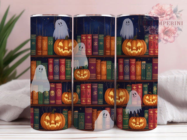 Halloween Gnome Bookshelf 20oz Tumbler, Halloween Theme, Gnome Motif, Bookshelf Design, Glow Effect, Spooky Charm, Skinny Tumbler, Sublimation PNG Sublimation Li Zamperini 