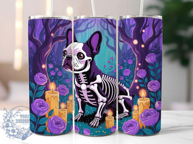 Halloween Gothic Frenchie Tumbler, Dog Skeleton Tumbler Wrap, Floral French Bulldog Design, 20Oz Skinny Tumbler Wrap, Halloween Dog Sublimation, Gothic Frenchie Tumbler, Pet Lover Tumbler Wrap Sublimation ToriDesigns 