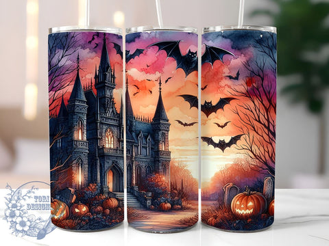 Halloween Haunted House 20oz Skinny Tumbler PNG, Spooky Fall Tumbler Sublimation Wrap, Straight & Tapered Tumbler Wrap, Instant Digital Download Sublimation ToriDesigns 