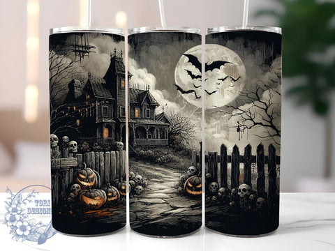 Halloween Haunted House 20oz Skinny Tumbler PNG, Spooky Fall Tumbler Sublimation Wrap, Straight & Tapered Tumbler Wrap, Instant Digital Download Sublimation ToriDesigns 