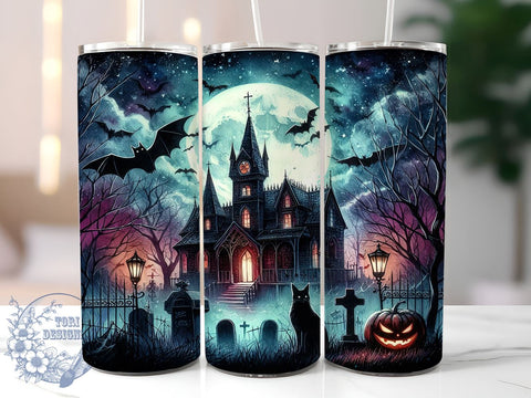 Halloween Haunted House 20oz Skinny Tumbler PNG, Spooky Fall Tumbler Sublimation Wrap, Straight & Tapered Tumbler Wrap, Instant Digital Download Sublimation ToriDesigns 