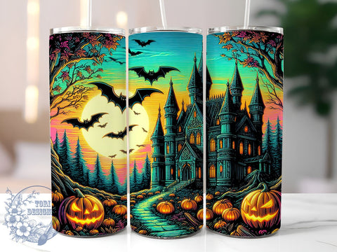 Halloween Haunted House 20oz Skinny Tumbler PNG, Spooky Fall Tumbler Sublimation Wrap, Straight & Tapered Tumbler Wrap, Instant Digital Download Sublimation ToriDesigns 