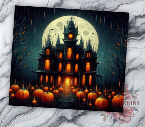 Halloween Haunted House 20oz Tumbler Wrap PNG, Spooky Fall Tumbler Png, Straight & Tapered Tumbler Wrap, Instant Digital Download Sublimation Li Zamperini 