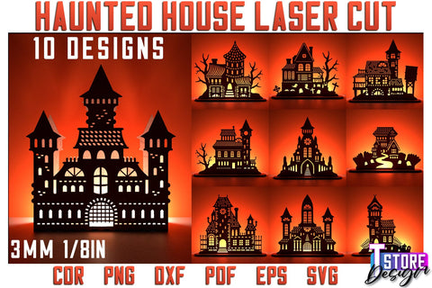Halloween Haunted House Laser Cut Bundle | Halloween Design | Shadow Scene | CNC Files SVG The T Store Design 