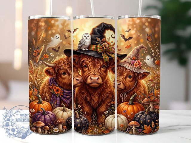 Halloween Highland Calf Trio 20oz Tumbler, Halloween Calf Motif, Highland Cow Trio, Festive Theme, Rustic Accent, Whimsical Charm, Sublimation Wrap, 20oz Tumbler Sublimation ToriDesigns 