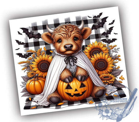 Halloween Highland Cow 20oz Skinny Tumbler PNG, Cute Halloween Tumbler Sublimation Wrap, Straight & Tapered Tumbler Wrap, Instant Digital Download Sublimation ToriDesigns 