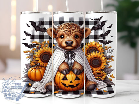 Halloween Highland Cow 20oz Skinny Tumbler PNG, Cute Halloween Tumbler Sublimation Wrap, Straight & Tapered Tumbler Wrap, Instant Digital Download Sublimation ToriDesigns 